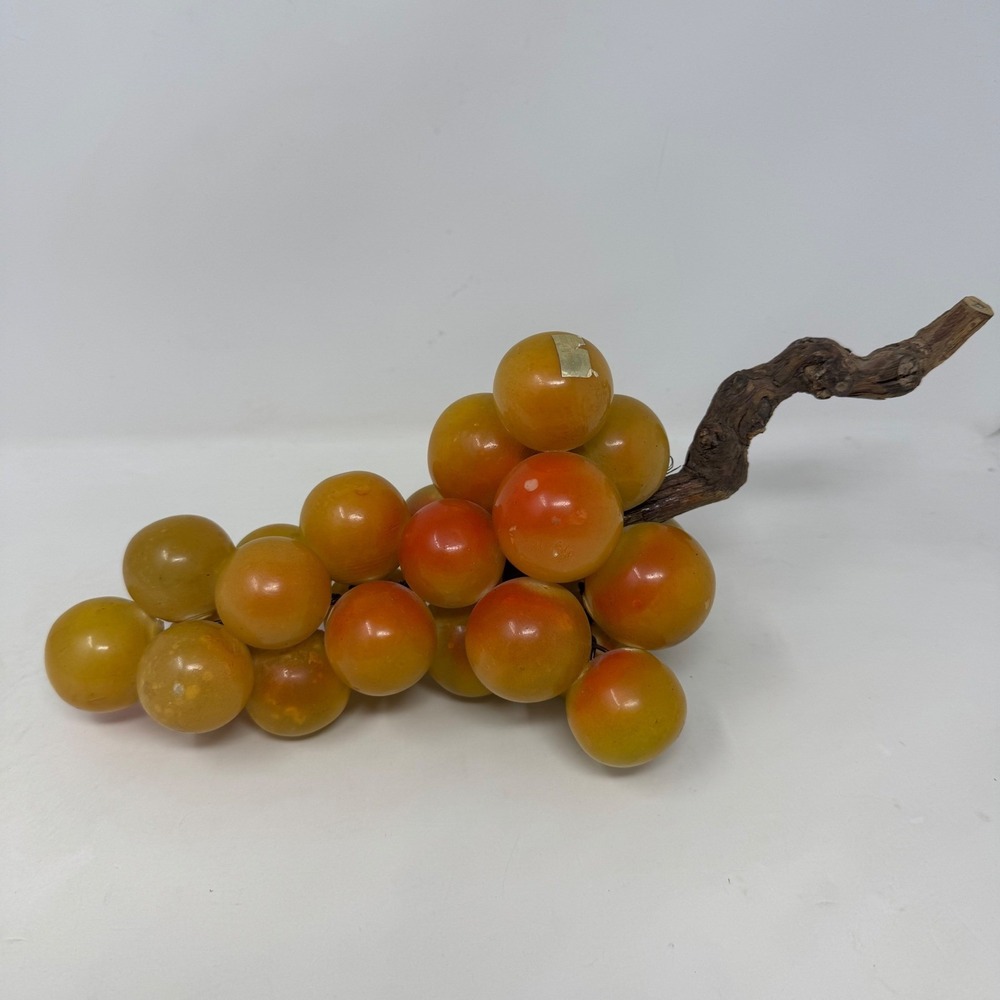 Vtg MCM Genuine Alabaster Grapes Hand Carved Italy Amber Honey Stone Wood Stem